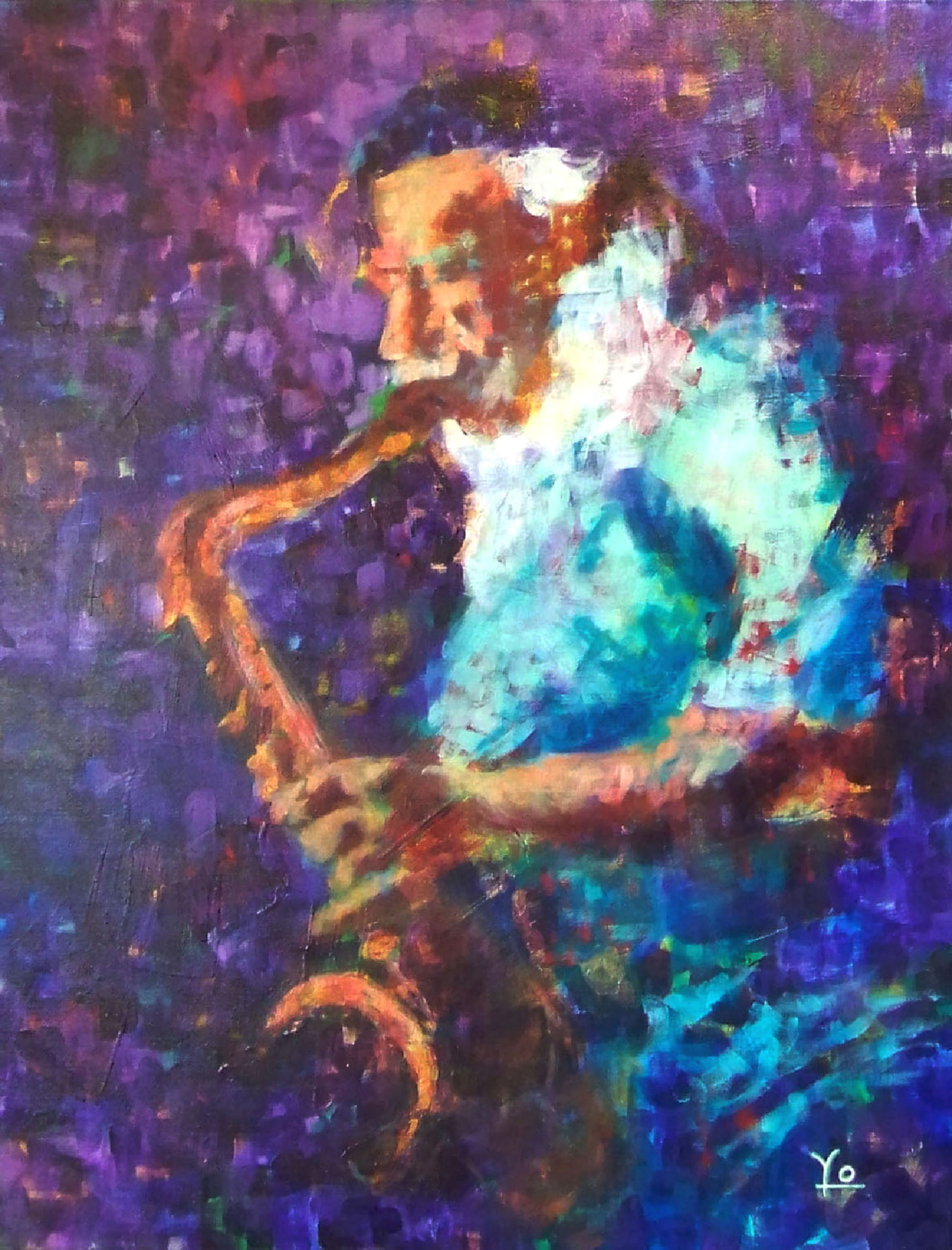 Tableau « Jazzman » : saxophoniste peint à l'huile aux couleurs primaires, carnet de la méthode des 3 pigments